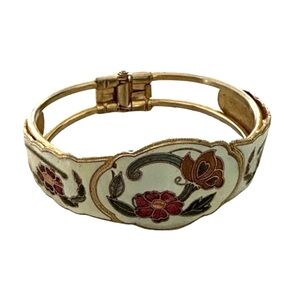 Vintage Enamel Floral Hinged Bangle Bracelet Gold Tone